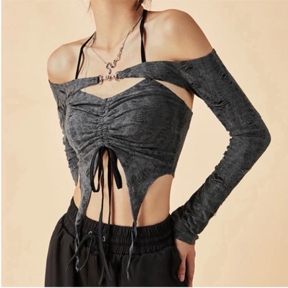 Gray Halter Irregular Draw String Top - Picture 1 of 6